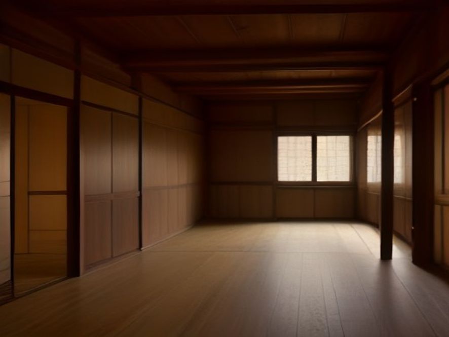 杉並町家翻新前：昏暗的木造町家室內，結構老化（示意圖）